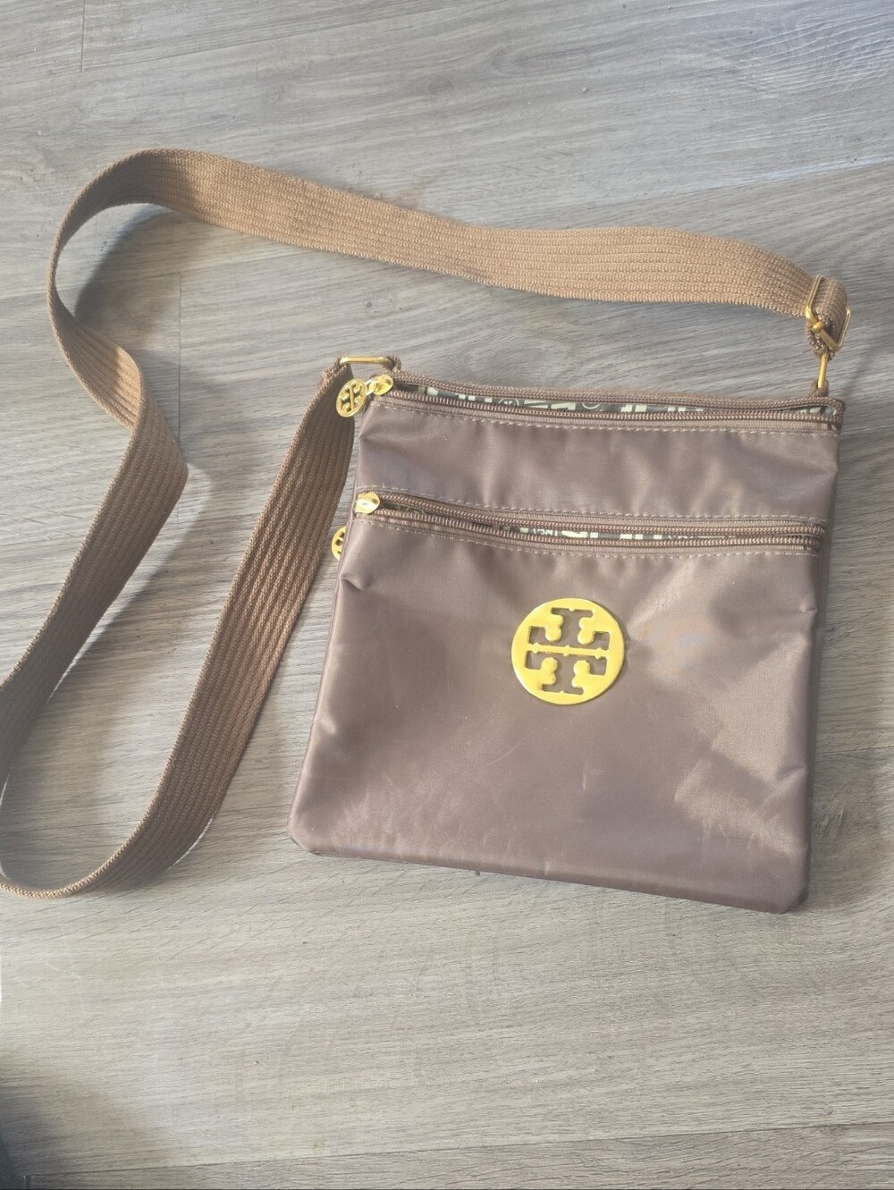 Tory Burch Taupe Nylon Crossbody with Gold Logo